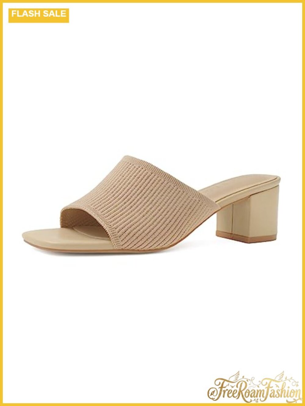 Knitted Square Open Toe Heeled Mule Sandal Slip On Block Low Heel